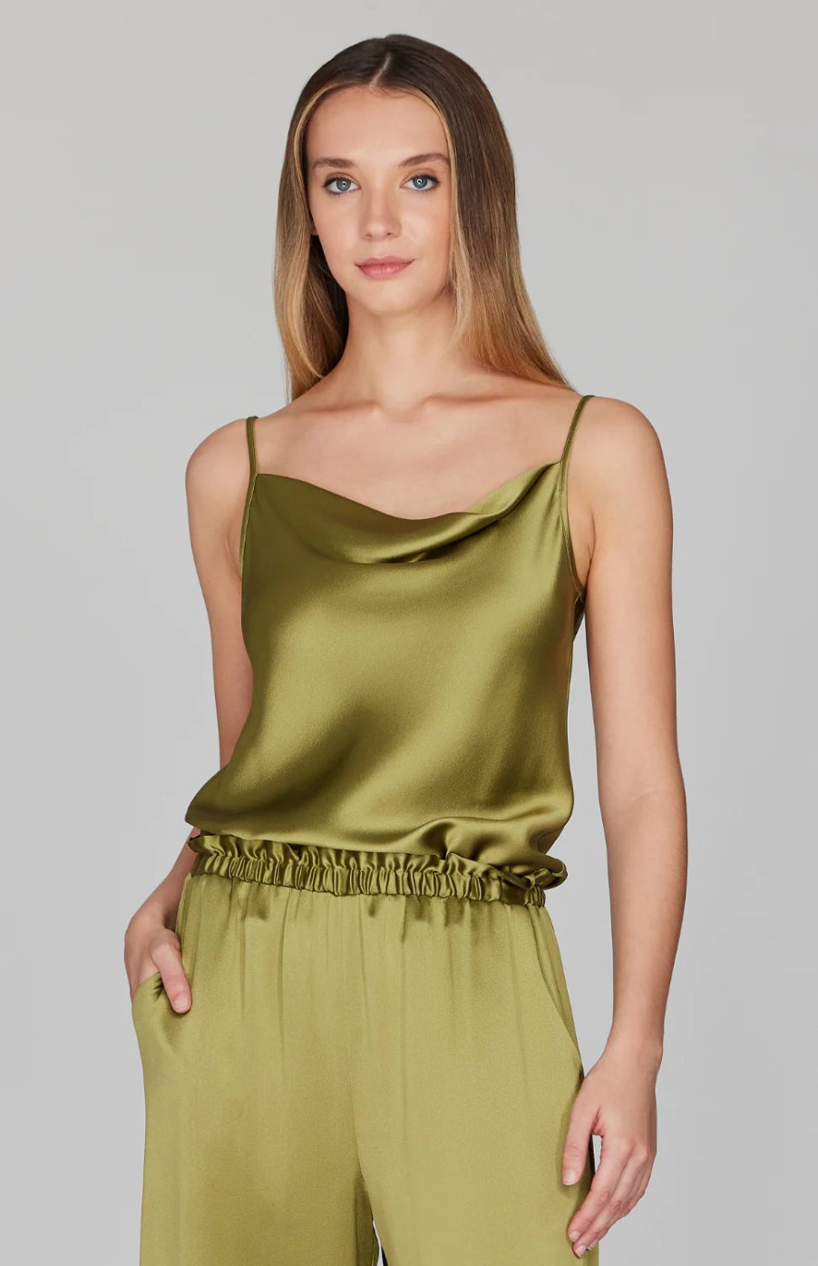 Mi Jong Lee Tops | Satin Draped Front Camisole In Fiddlehead