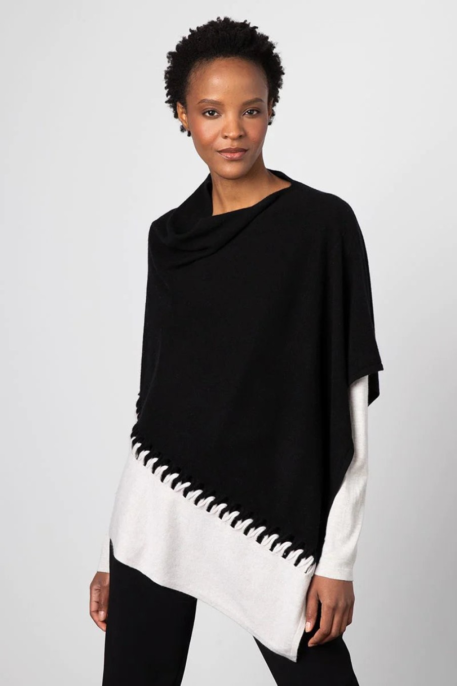 Kinross Cashmere Tops | Twist Stitch Poncho - Black/Dune