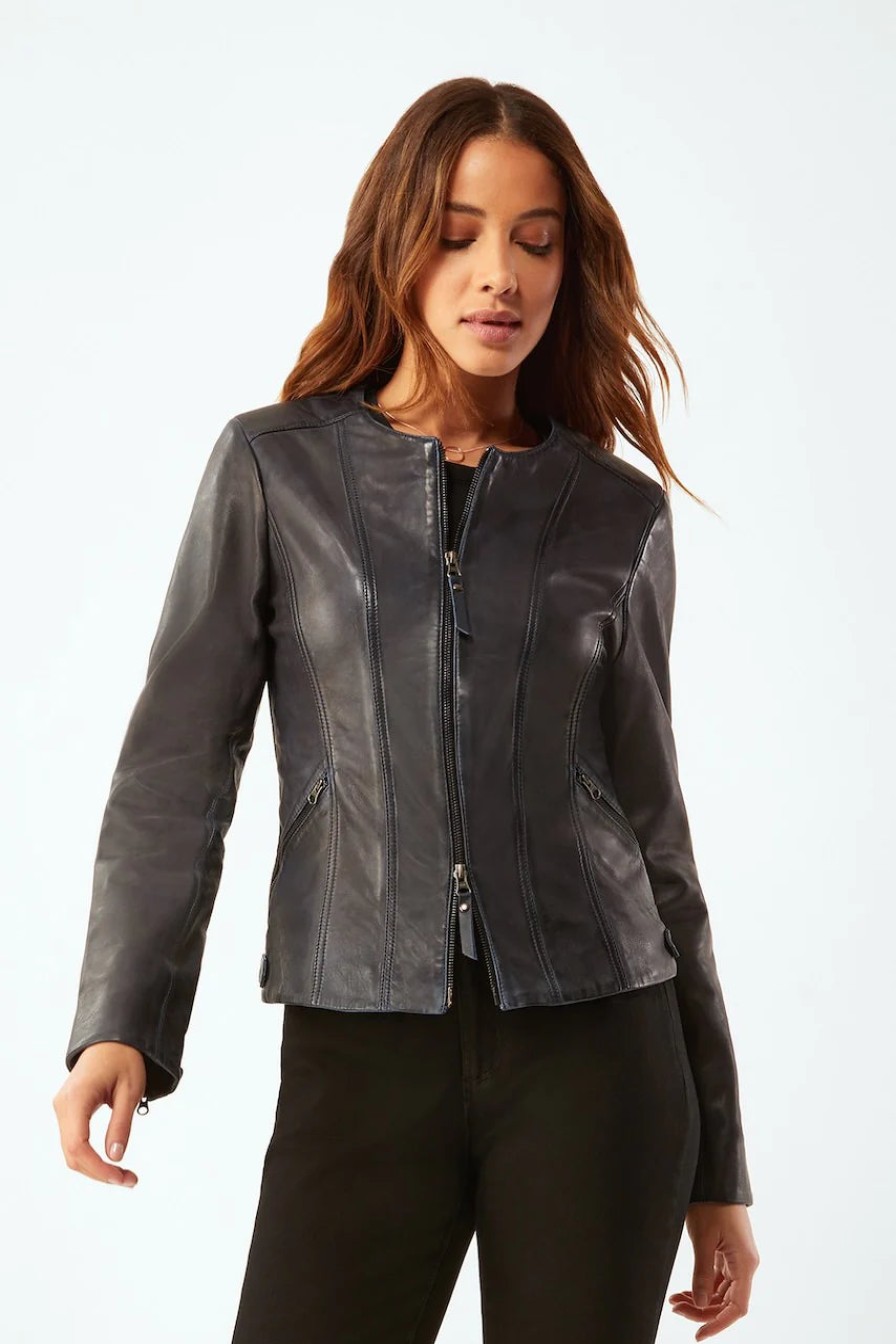 Ecru Jackets | Waxed Leather Zip Jacket - Ink