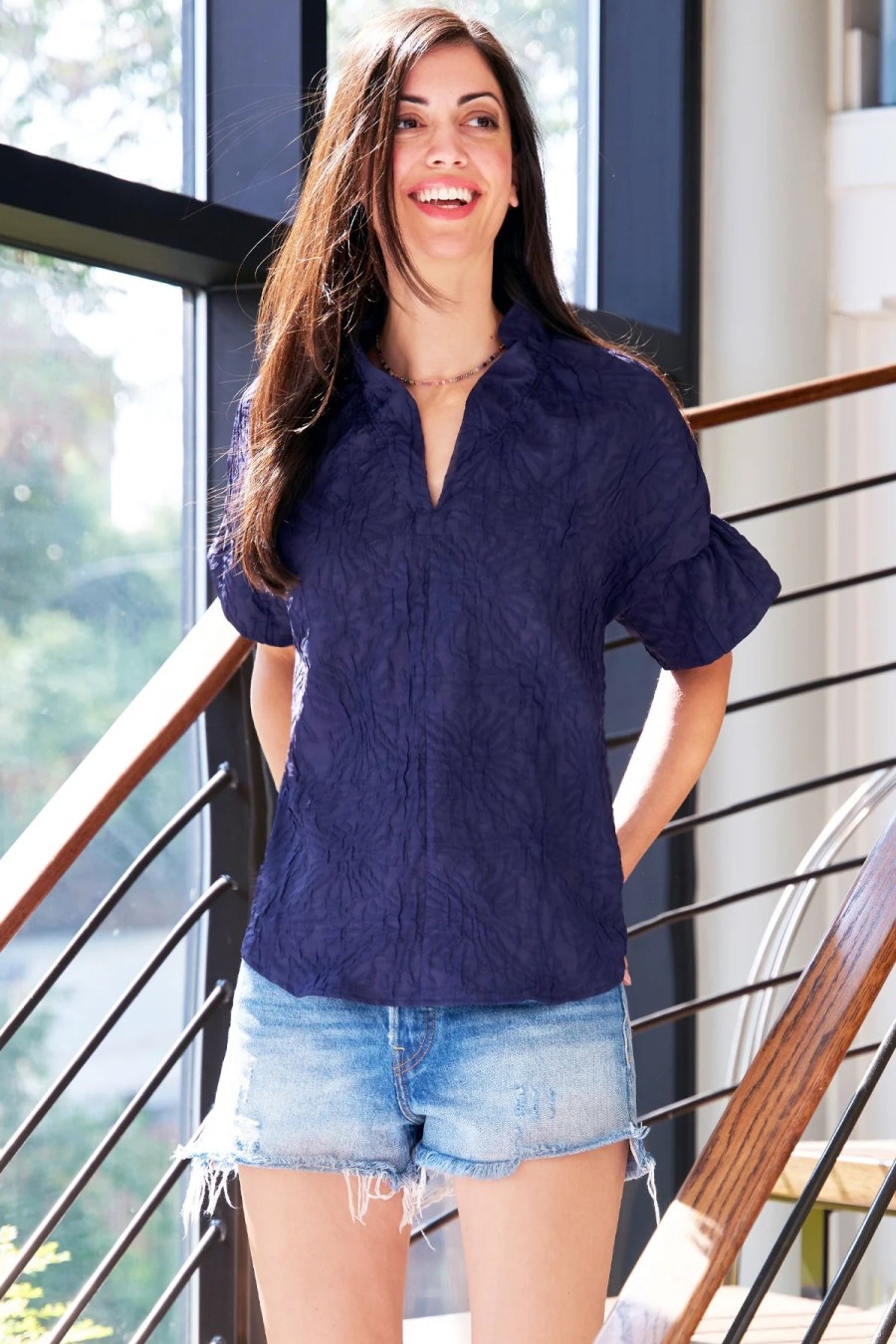 Finley Tops | Textured Jacquard Crosby Top In Navy