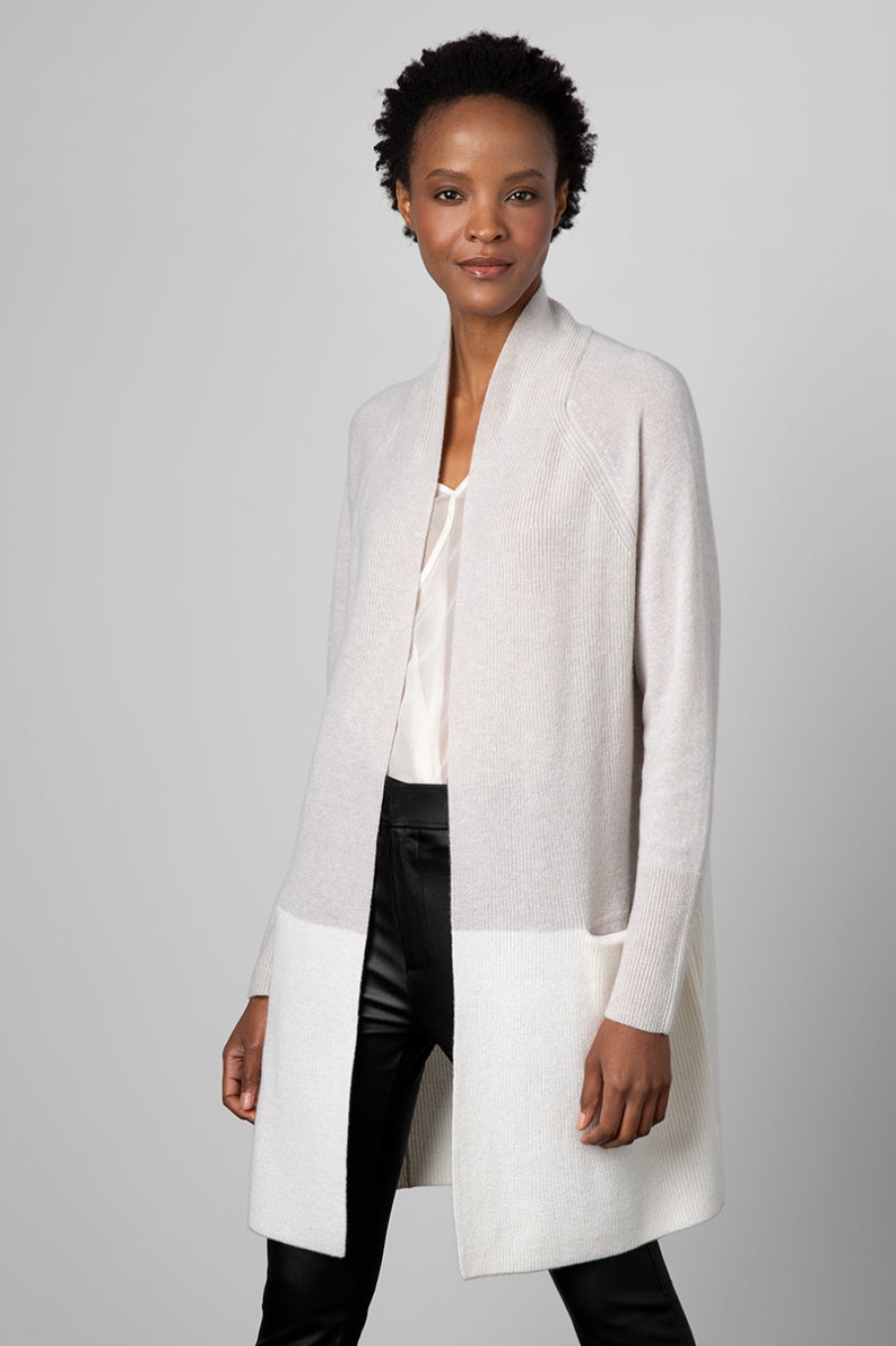 Kinross Cashmere Jackets | Colorblock Rib Cardigan - Sky/Mushroom