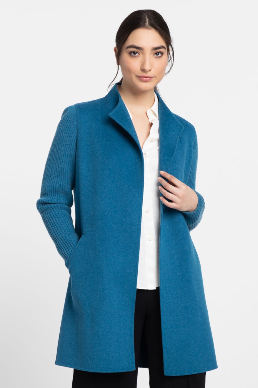 Kinross Cashmere Jackets | Rib Sleeve Coat In Ocean